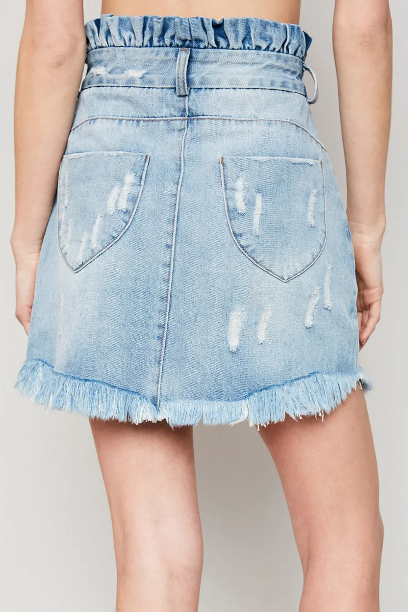 Distressed Paperbag Denim Skirt