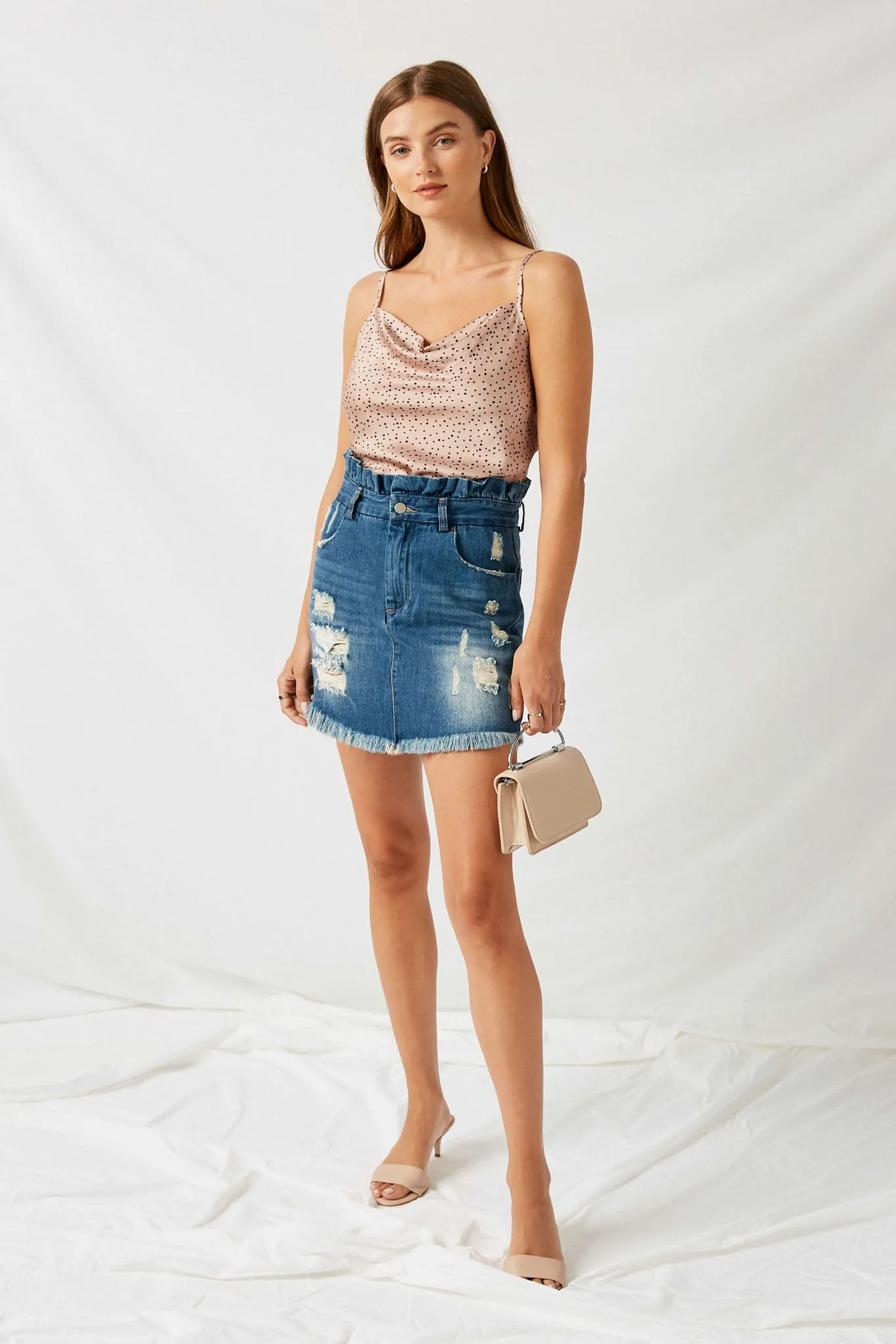 Distressed Paperbag Denim Skirt