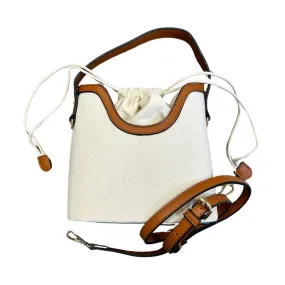 Drawstring Top Canvas & Camel Faux Leather Bag