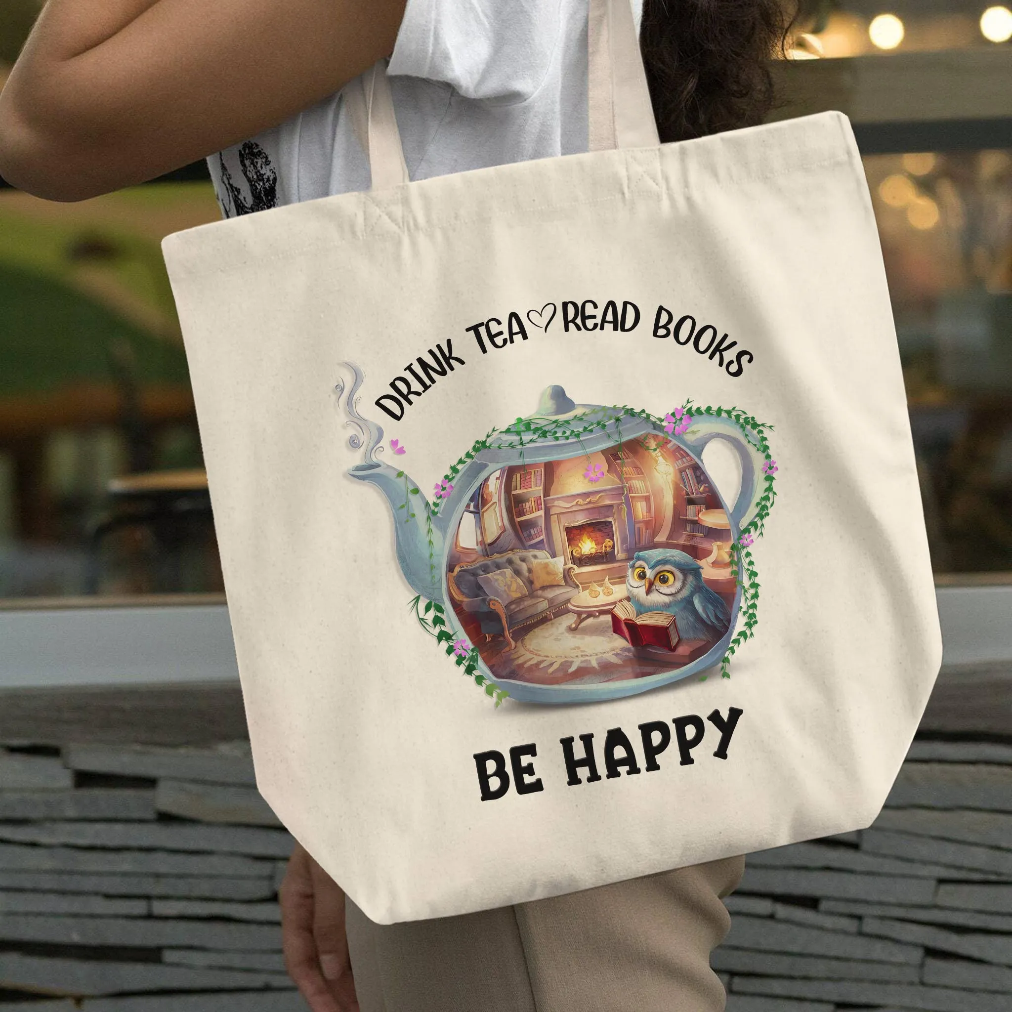 Drink Tea Read Books Teapot Owl Tote Bag TBW2035