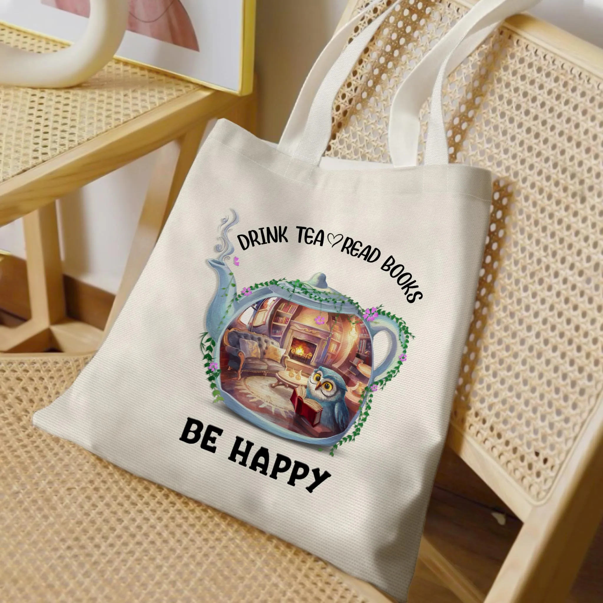 Drink Tea Read Books Teapot Owl Tote Bag TBW2035