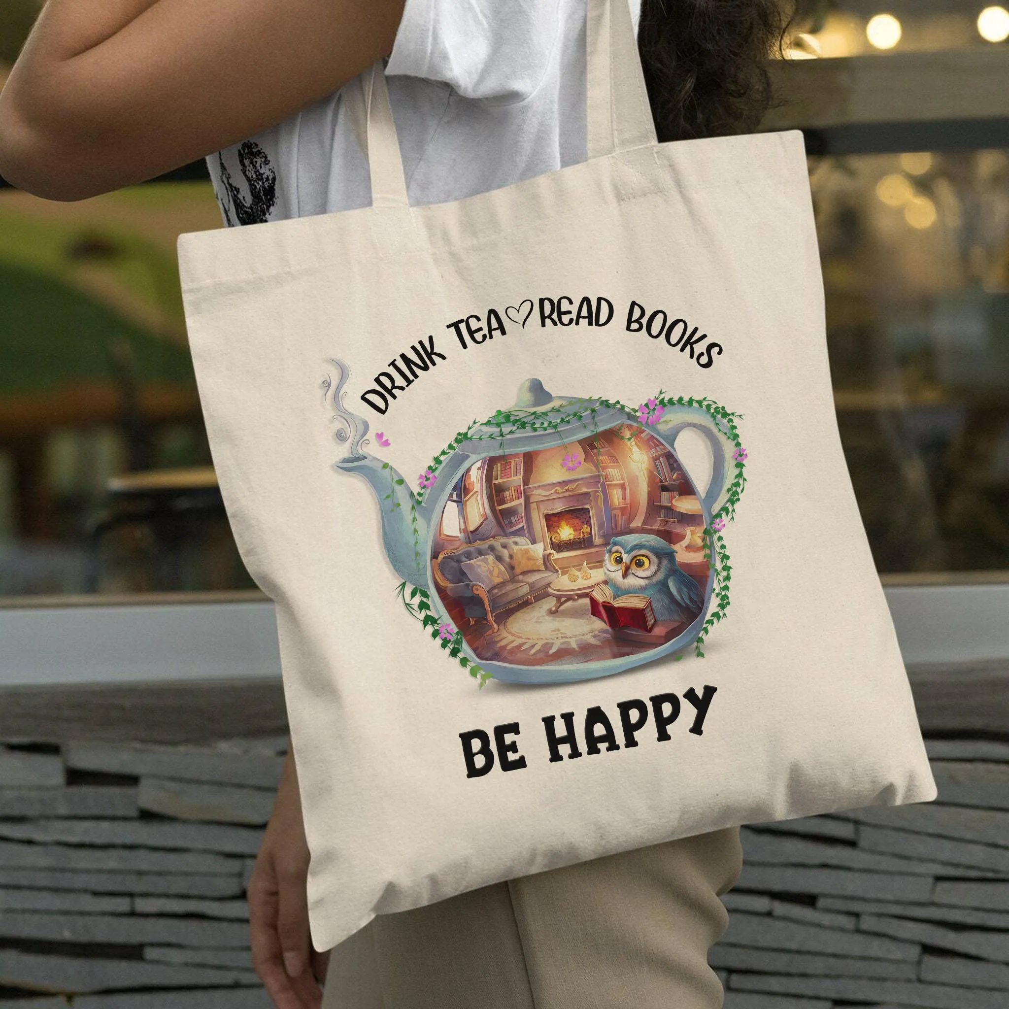 Drink Tea Read Books Teapot Owl Tote Bag TBW2035