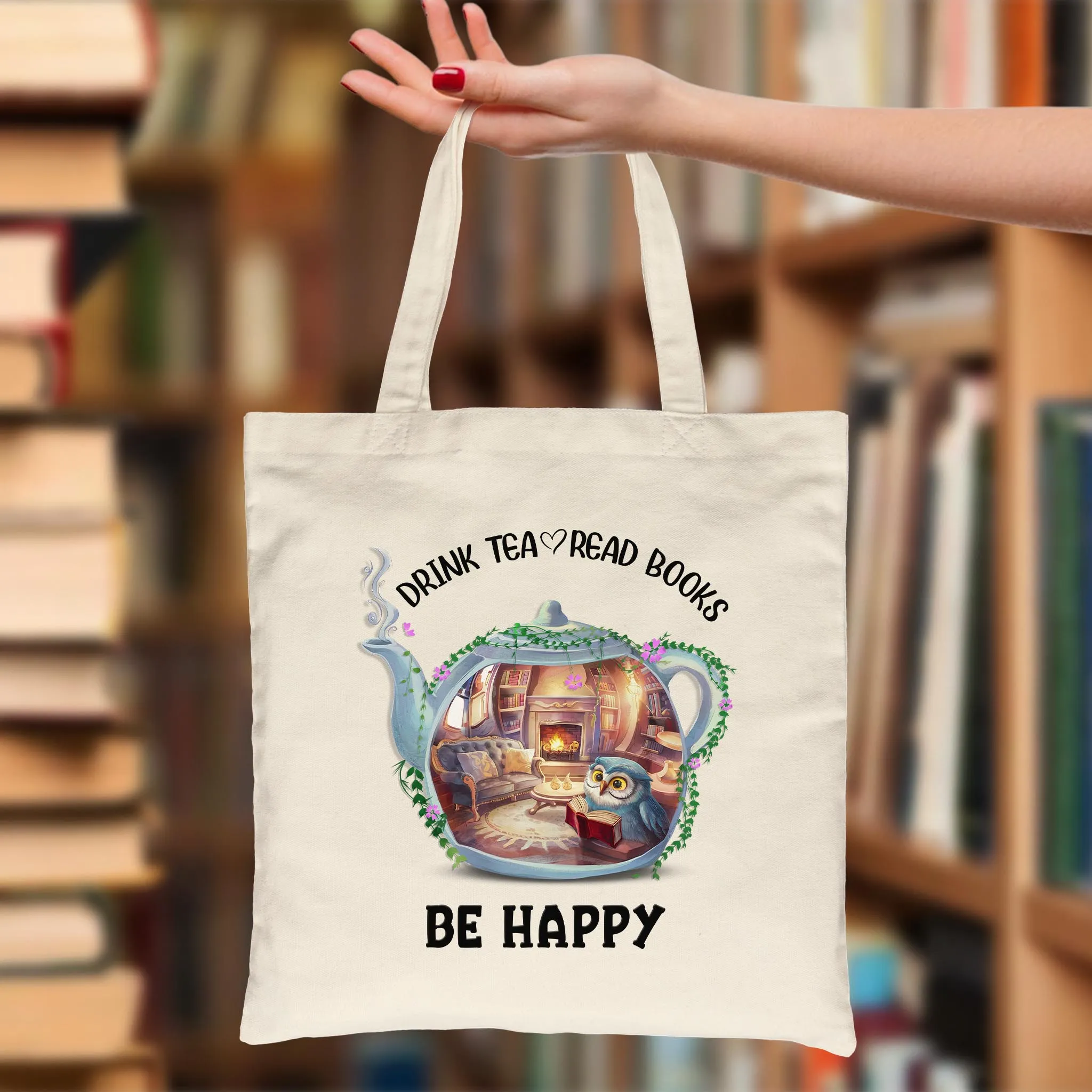 Drink Tea Read Books Teapot Owl Tote Bag TBW2035