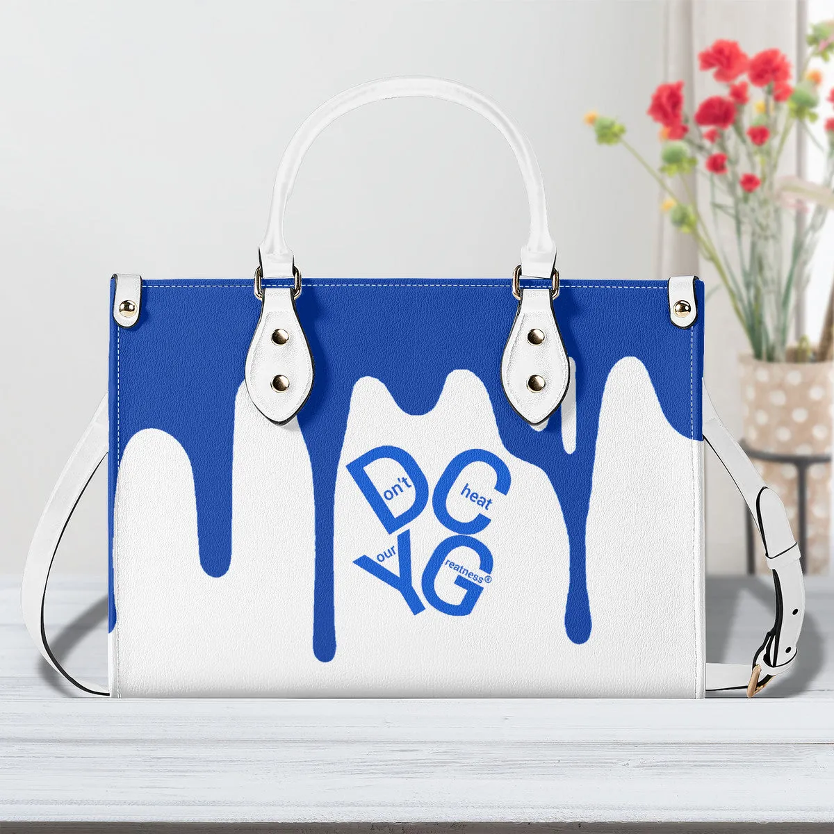 DRIP Blue Logo & White Multiple Sizes Upgraded Luxury Women PU Leather Handbag