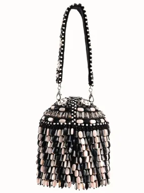 Elly Black Suede Crystal Embellished Bucket Bag