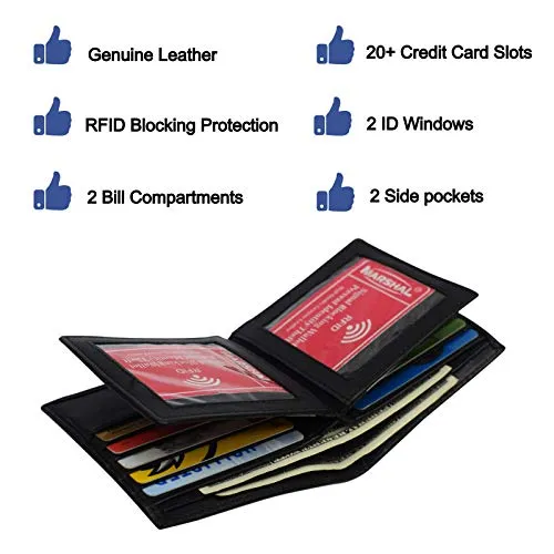 European Hipster Mens Wallet Thick Large Bifold 20 Cards and 2 ID Window, Black, one size