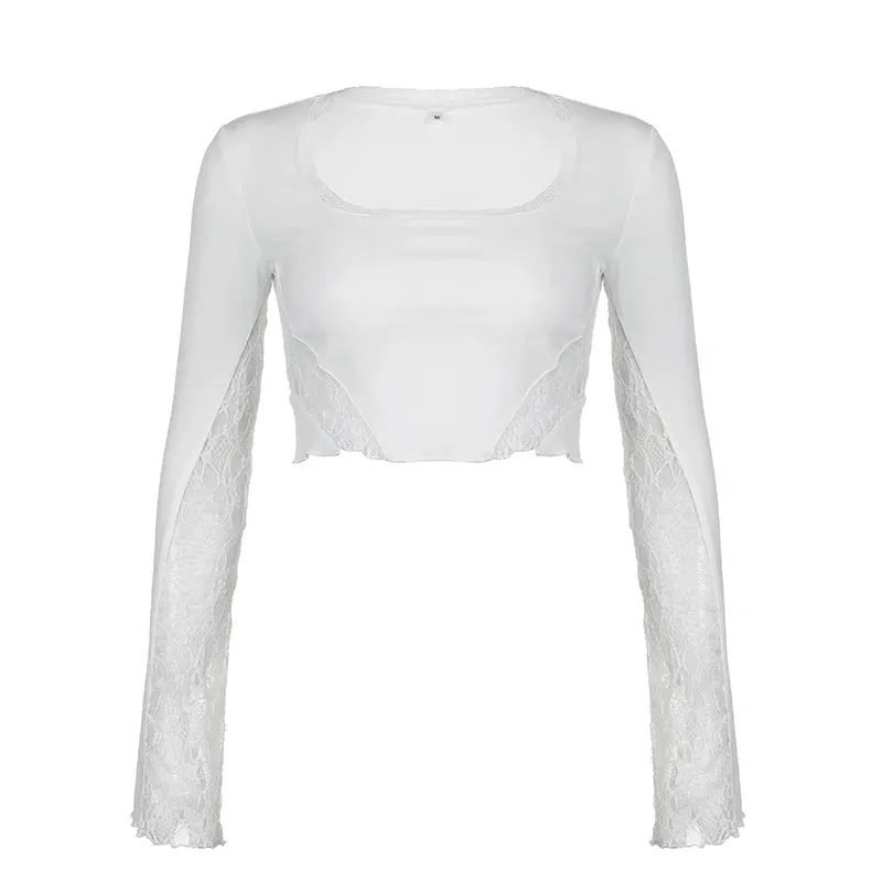 Fashion White Chic Slim Women T-shirts Solid Lace Patchwork Transparent Party Sexy Crop Top Square Neck Shirt Outfits