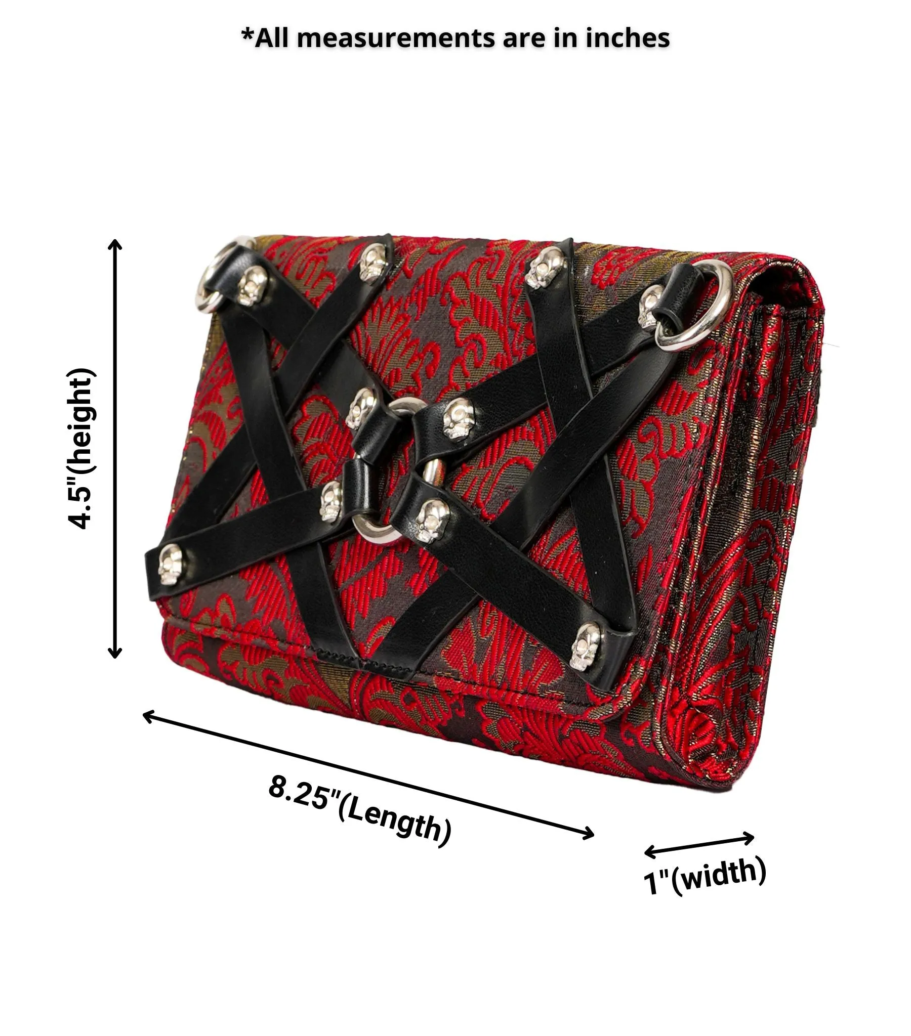 Faux Leather and Red jacquard Fusion: Wholesale Edgy Skull-Studded Clutch