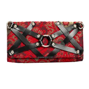 Faux Leather and Red jacquard Fusion: Wholesale Edgy Skull-Studded Clutch