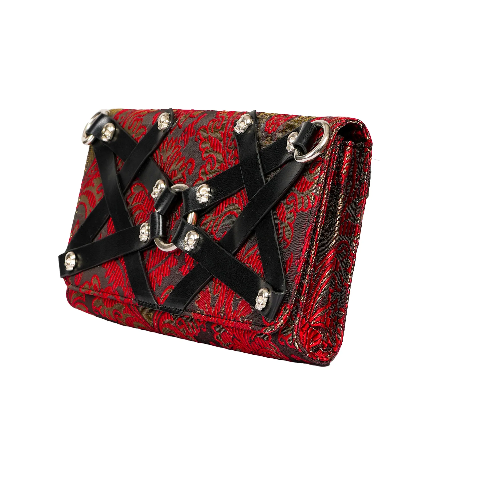 Faux Leather and Red jacquard Fusion: Wholesale Edgy Skull-Studded Clutch