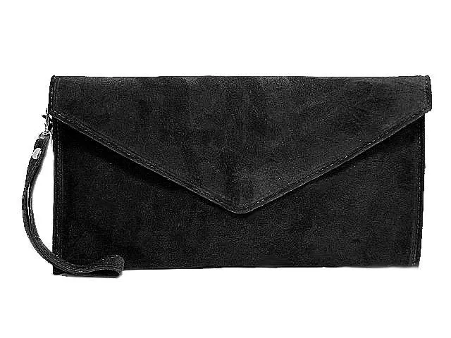 FAUX SUEDE BLACK OVER-SIZED ENVELOPE CLUTCH BAG / SHOULDER BAG WITH LONG SHOULDER STRAP