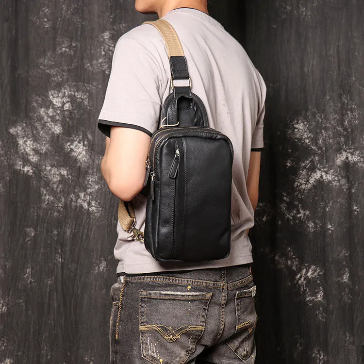 Full Grain Leather Sling Bag Black Leather Chest Bag Casual Crossbody Bag