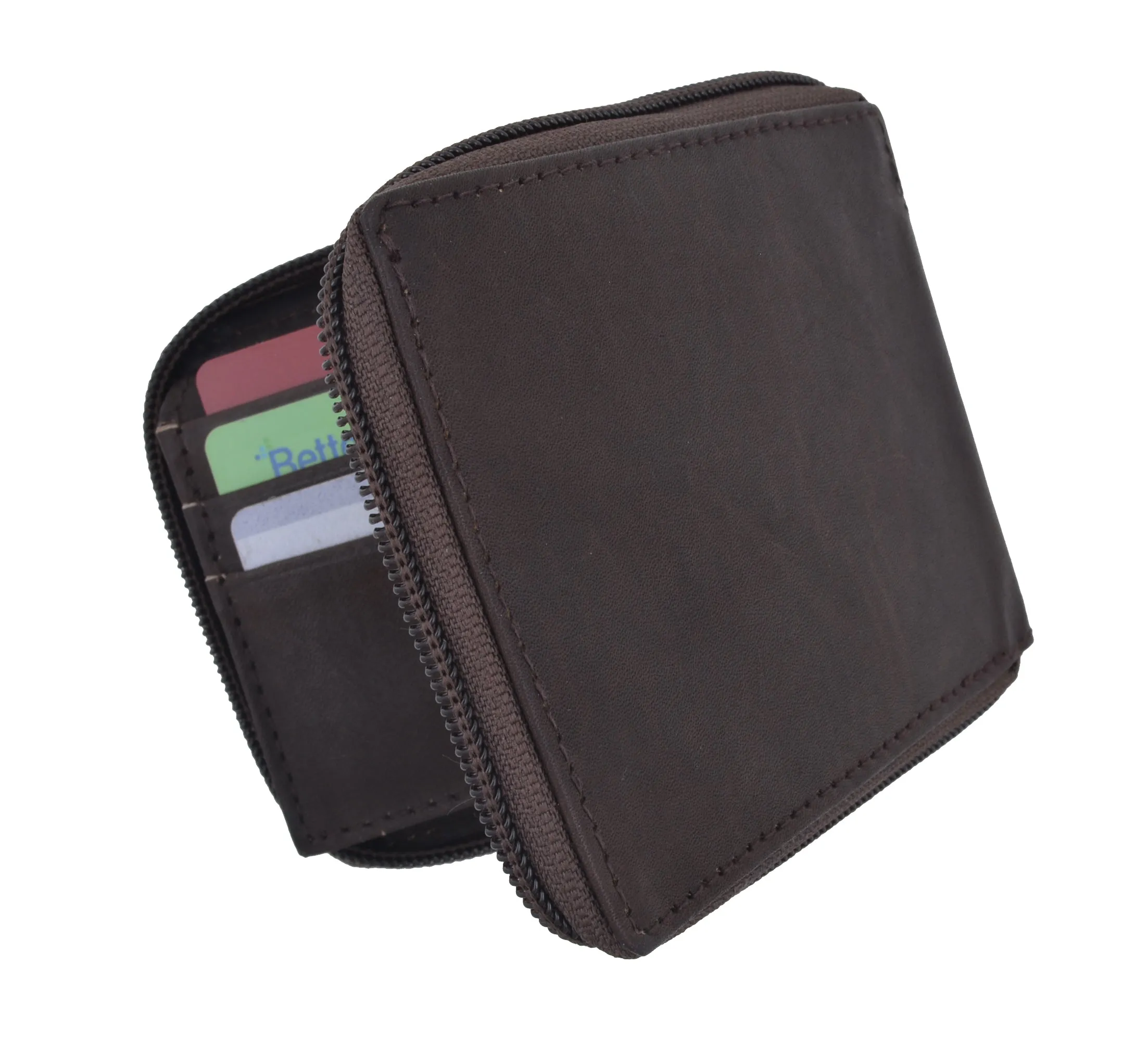 Genuine Cowhide Leather Mens Zipper Zip-Around Bifold Popular Card Holder Wallet