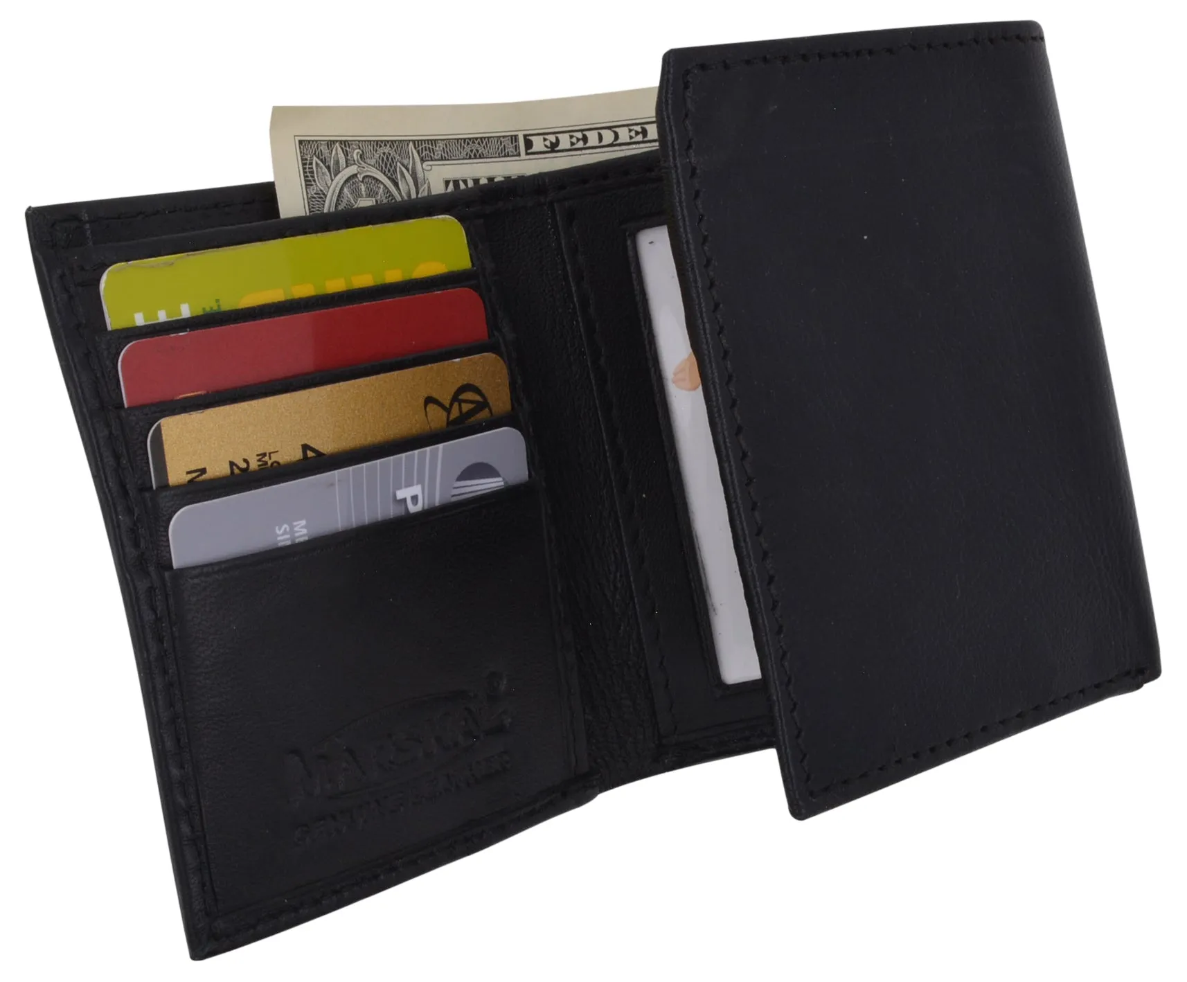 Genuine Leather Kids Slim Compact ID and Coin Pocket Trifold Boys Black Wallet