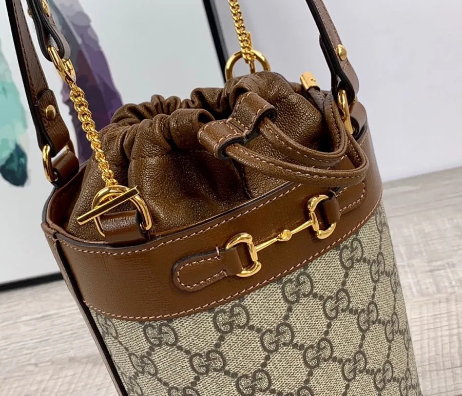 gg Horsebit 1955 Small Bucket Bag In gg Supreme Canvas Brown For Women 7.5in/19cm gg 637115 92TPG 8563