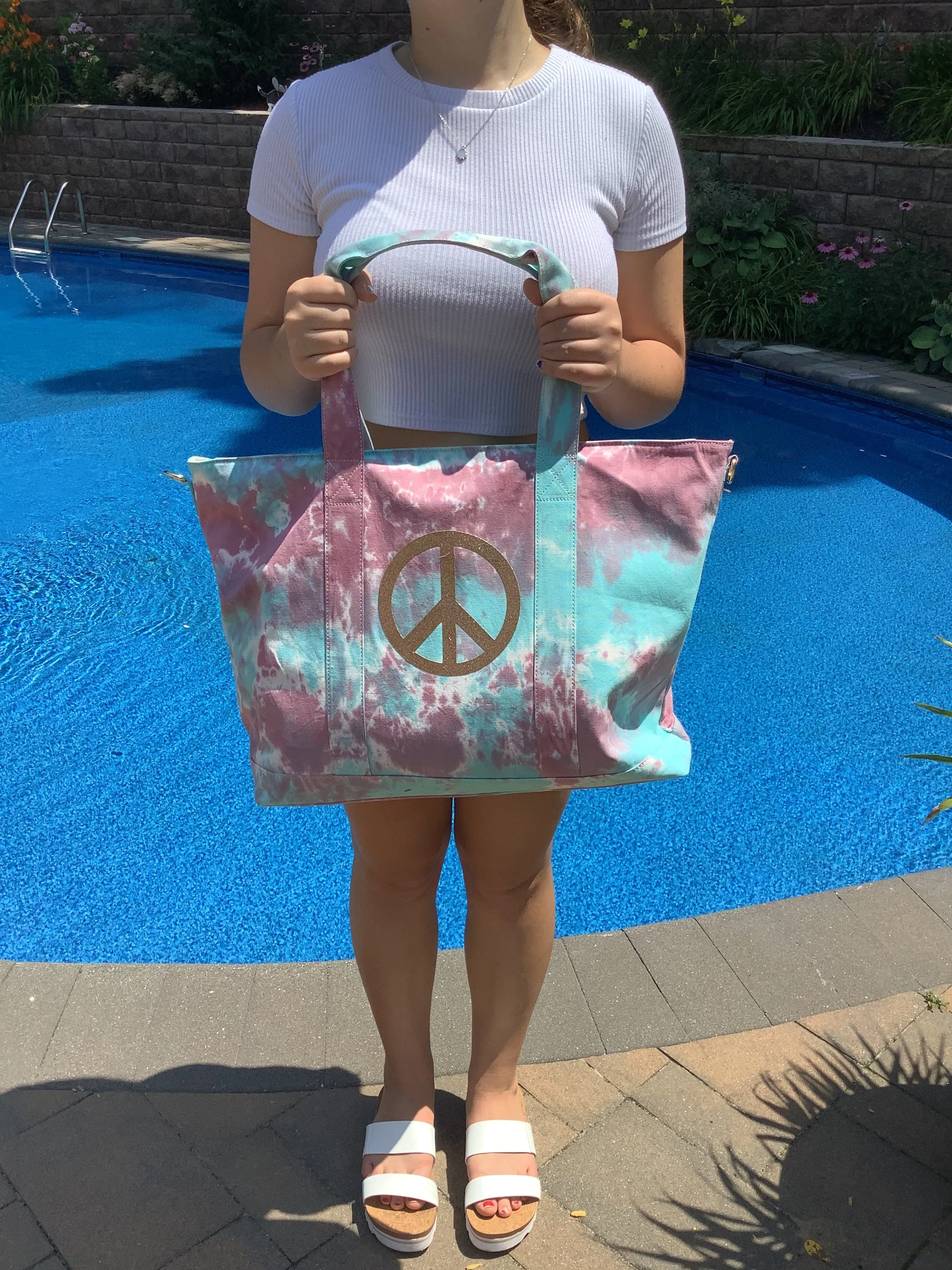 Gold Glitter Peace Sign Tiedye Canvas Tote Bag, Pouch & Strap Set - Lavender/Turquoise