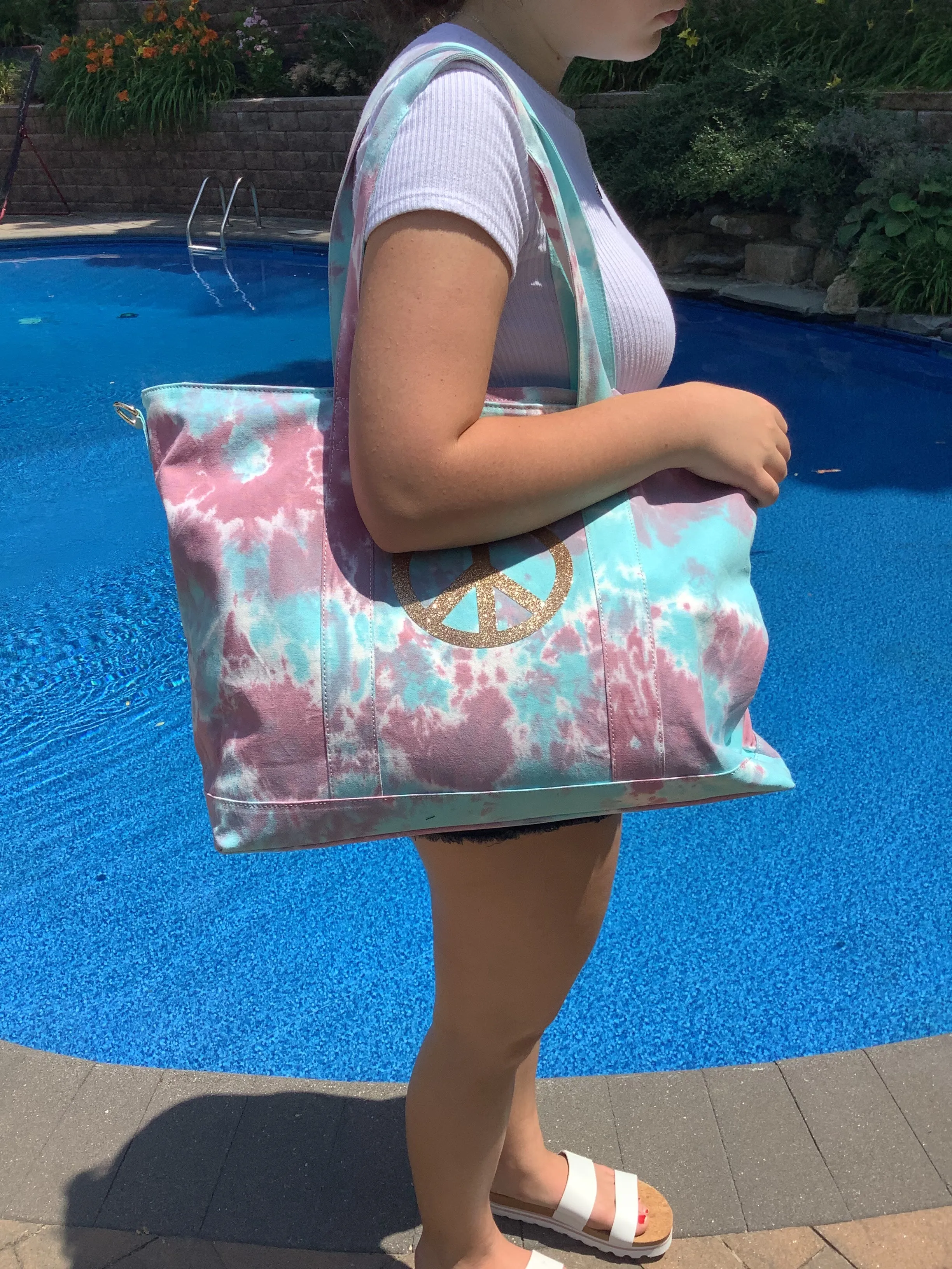 Gold Glitter Peace Sign Tiedye Canvas Tote Bag, Pouch & Strap Set - Lavender/Turquoise