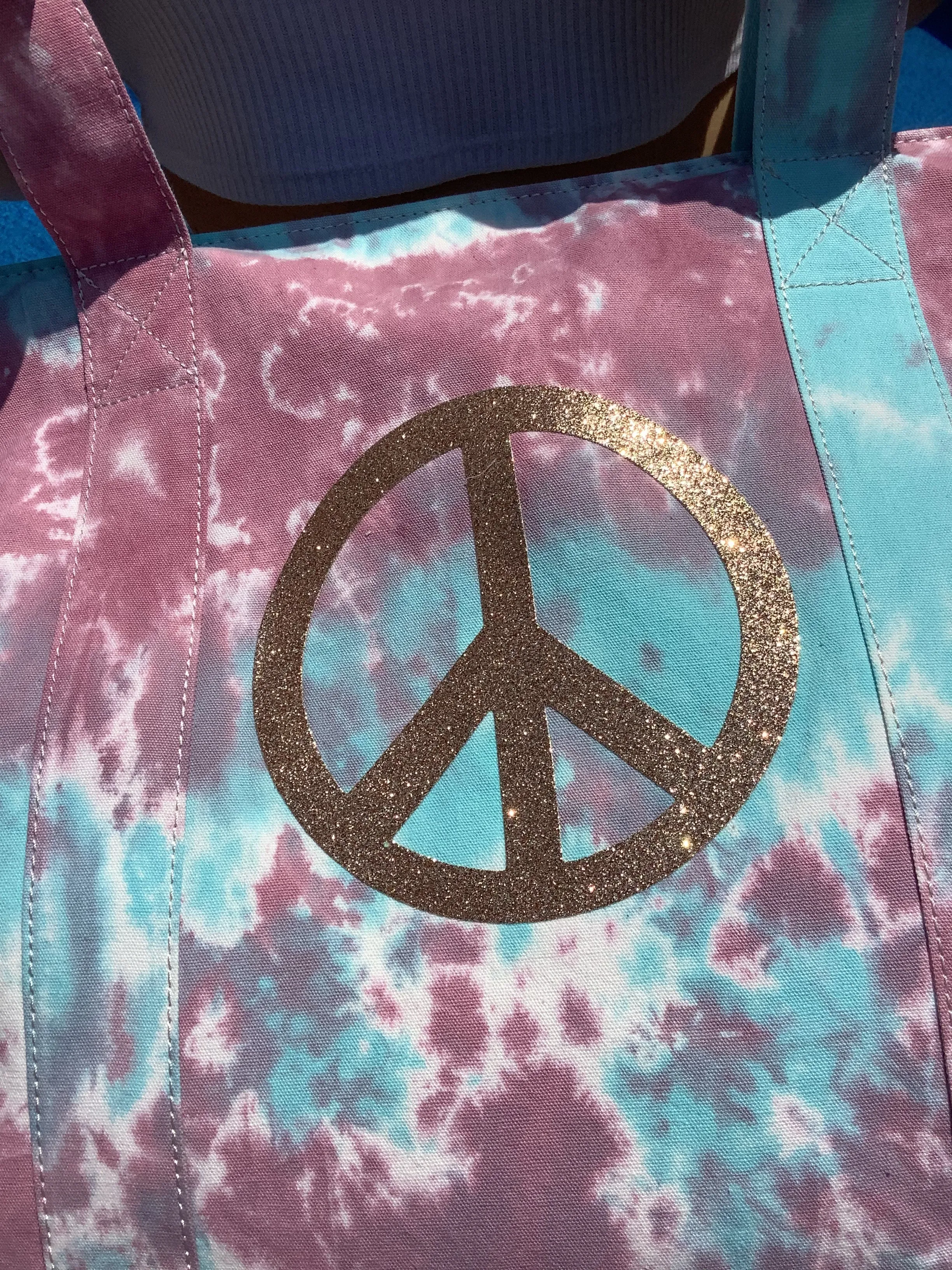 Gold Glitter Peace Sign Tiedye Canvas Tote Bag, Pouch & Strap Set - Lavender/Turquoise