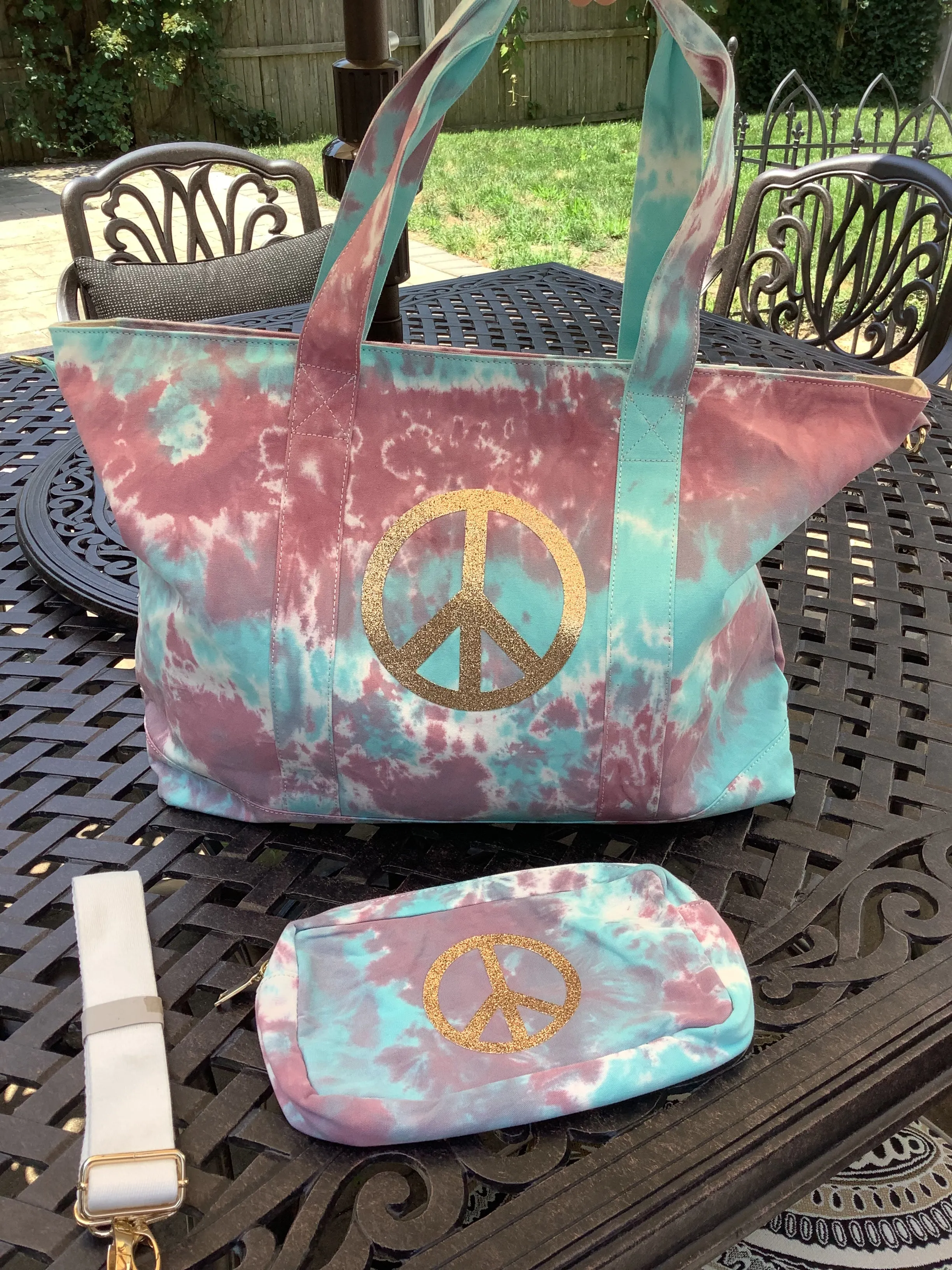 Gold Glitter Peace Sign Tiedye Canvas Tote Bag, Pouch & Strap Set - Lavender/Turquoise