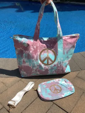 Gold Glitter Peace Sign Tiedye Canvas Tote Bag, Pouch & Strap Set - Lavender/Turquoise