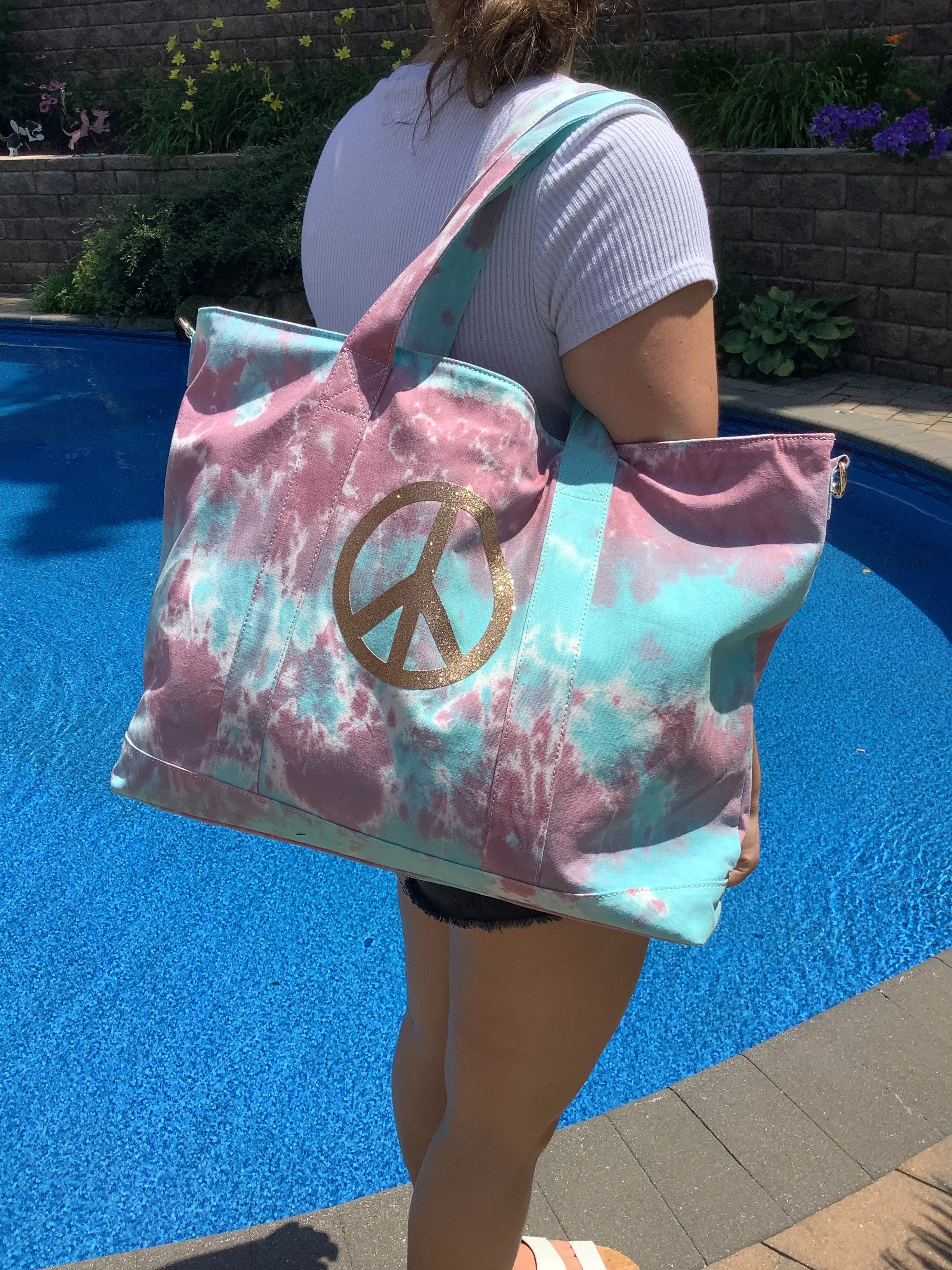 Gold Glitter Peace Sign Tiedye Canvas Tote Bag, Pouch & Strap Set - Lavender/Turquoise