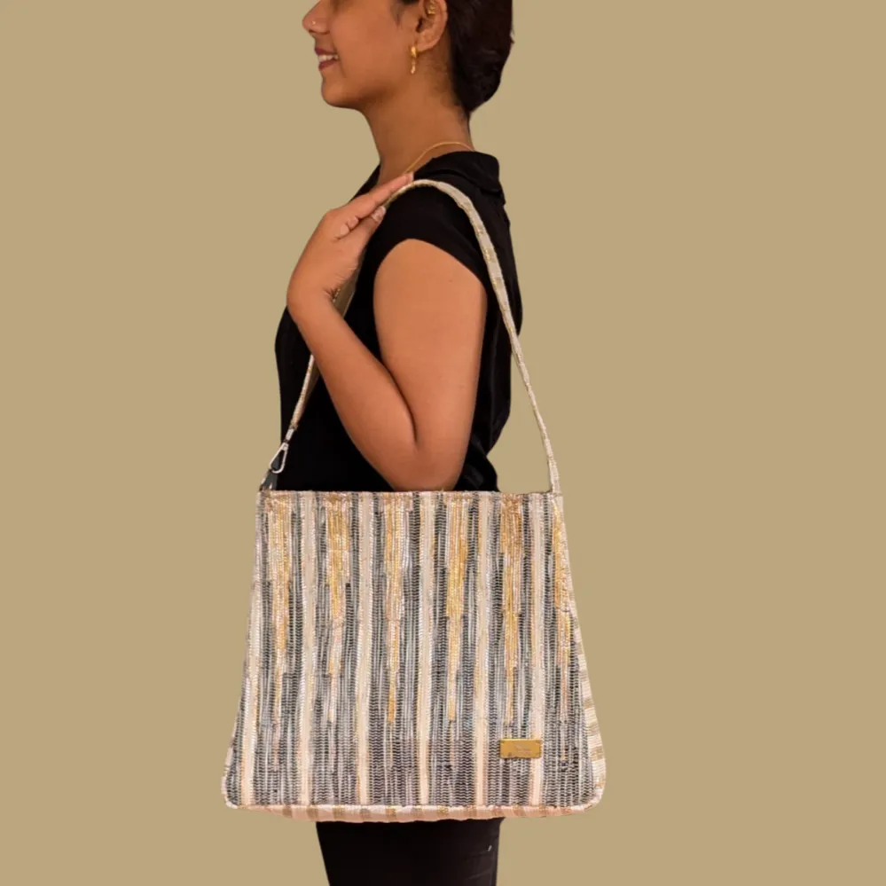 Golden Shimmery Black Upcycled Handwoven Designer Trapeze Tote (TTD0125-001) PS_W