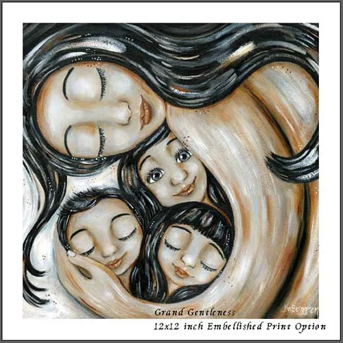 Grand Gentleness - Dark Hair Mom & 3 Brunette Kids Art Print