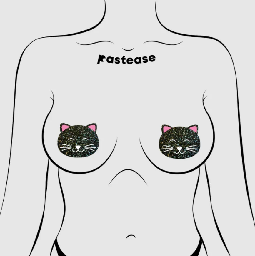 Kitty Cat: Happy Black Glitter Kitty Cat Nipple Pasties