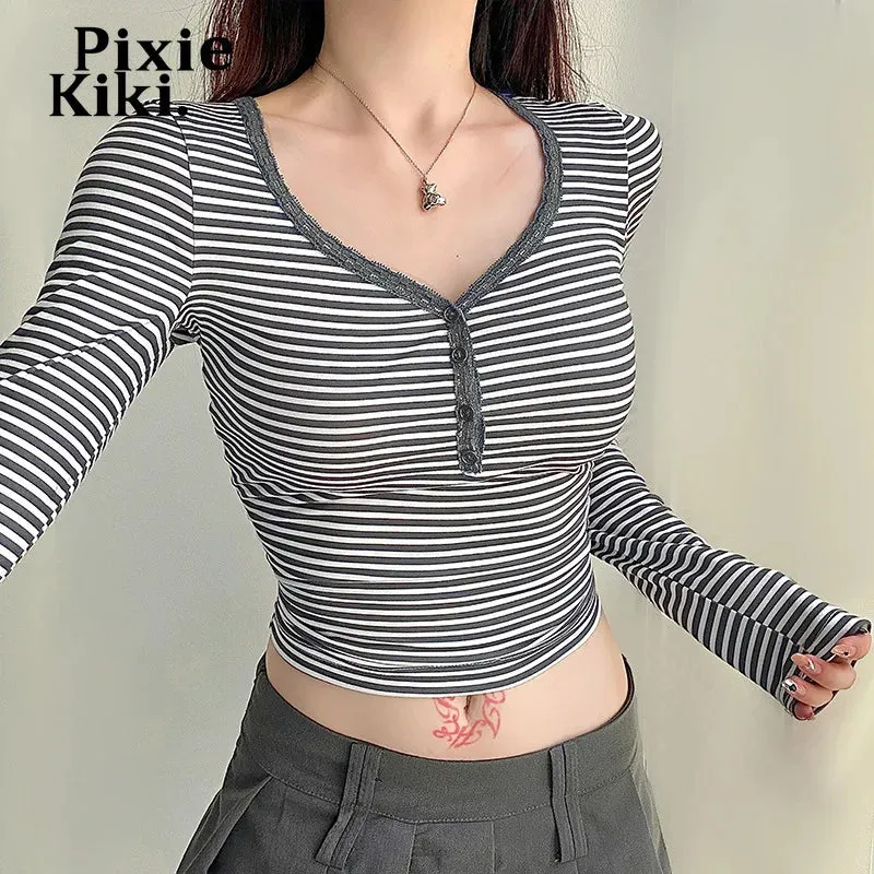 Lace Trim V Neck Long Sleeve Top Casual Gray Striped Print T Shirts Fall Clothes 2024 Women P84-BC12