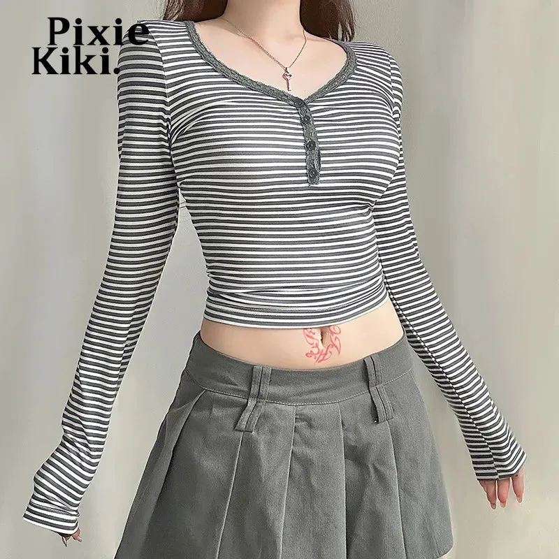 Lace Trim V Neck Long Sleeve Top Casual Gray Striped Print T Shirts Fall Clothes 2024 Women P84-BC12