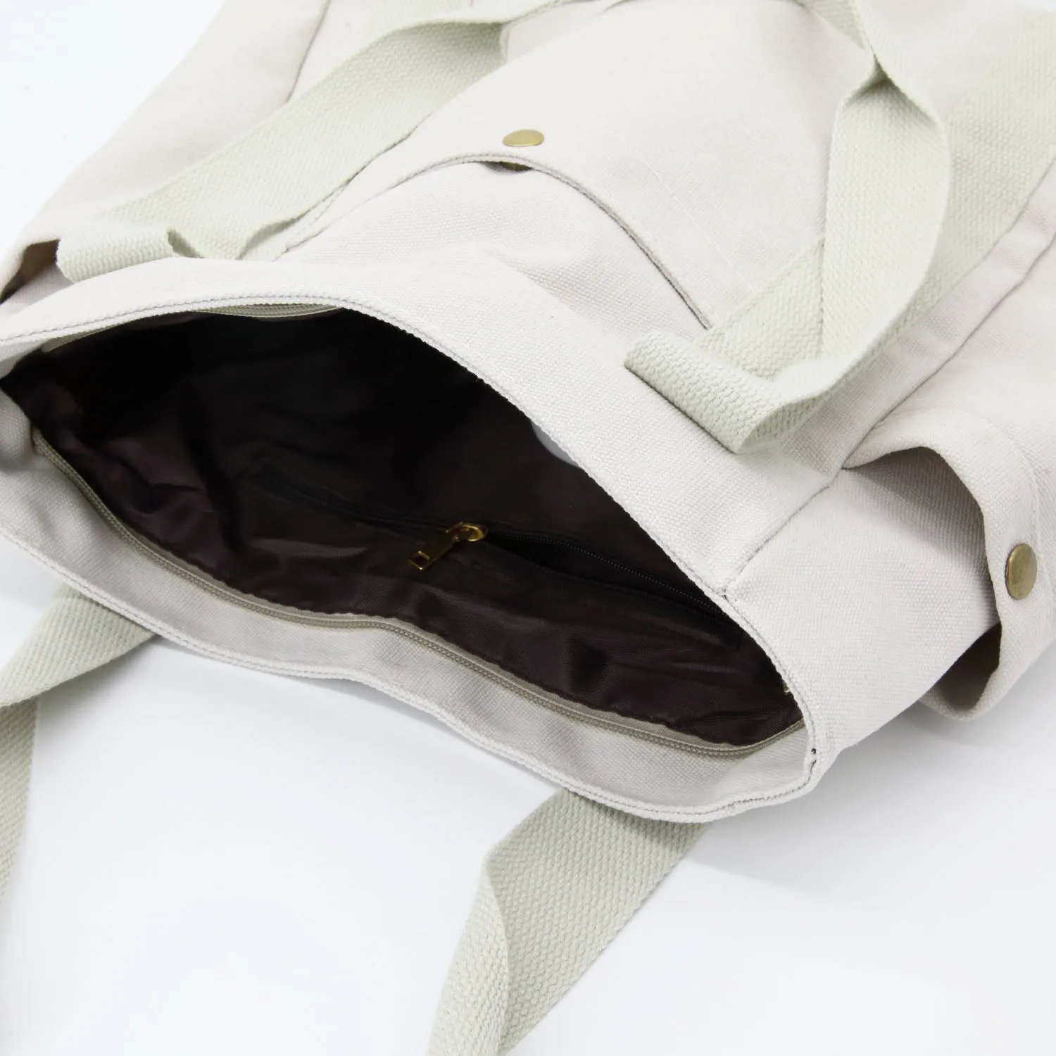 Large Canvas Tote Bag With Pockets & Zipper in Beige