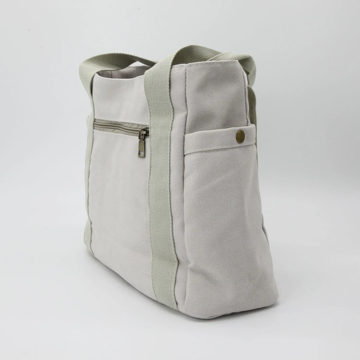 Large Canvas Tote Bag With Pockets & Zipper in Beige