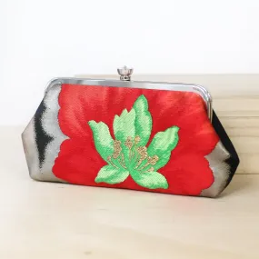 [LAST ONE] Camellia Clutch Purse in Red, Green on Black | Upcycled from vintage Japanese Kimono Obi