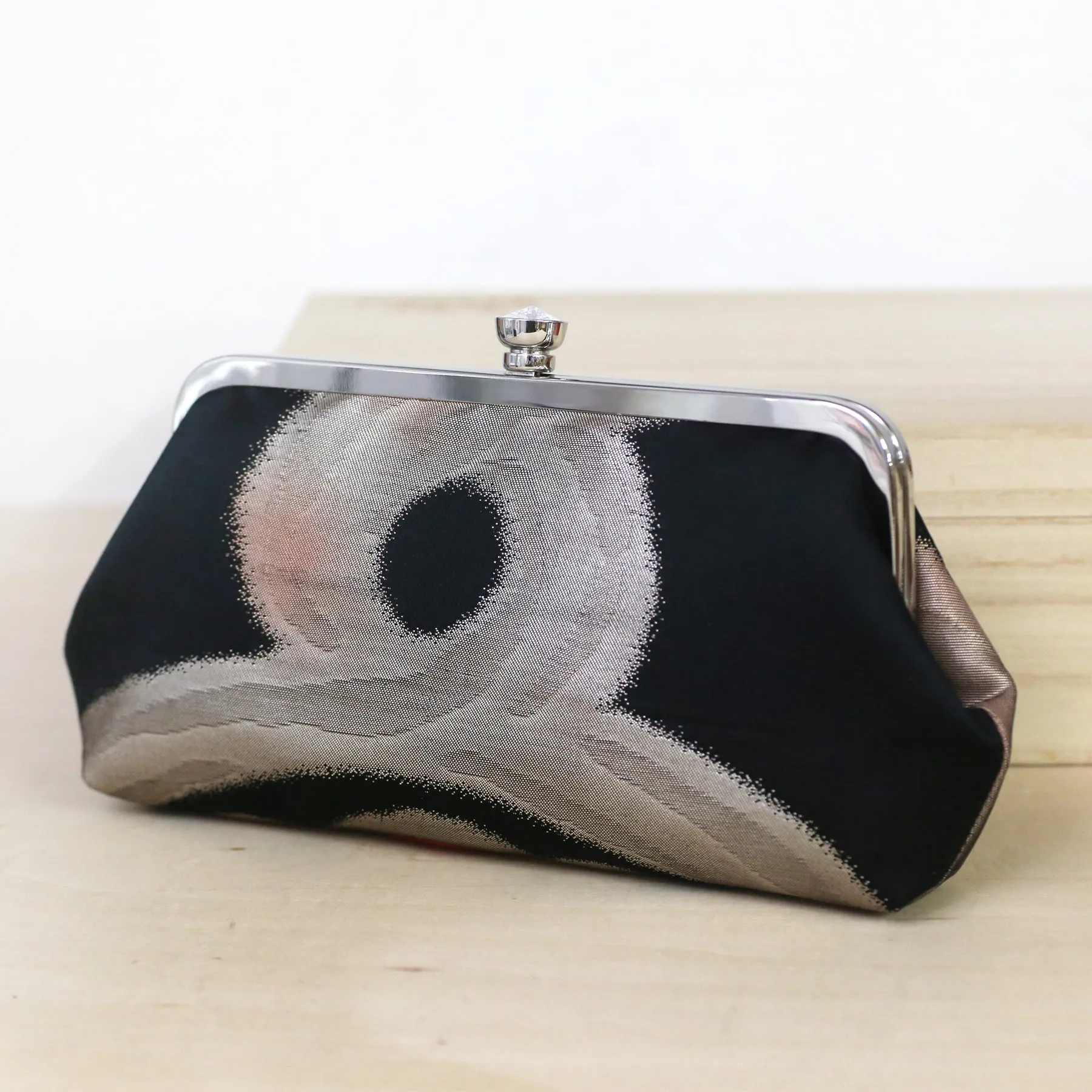 [LAST ONE] Camellia Clutch Purse in Red, Green on Black | Upcycled from vintage Japanese Kimono Obi