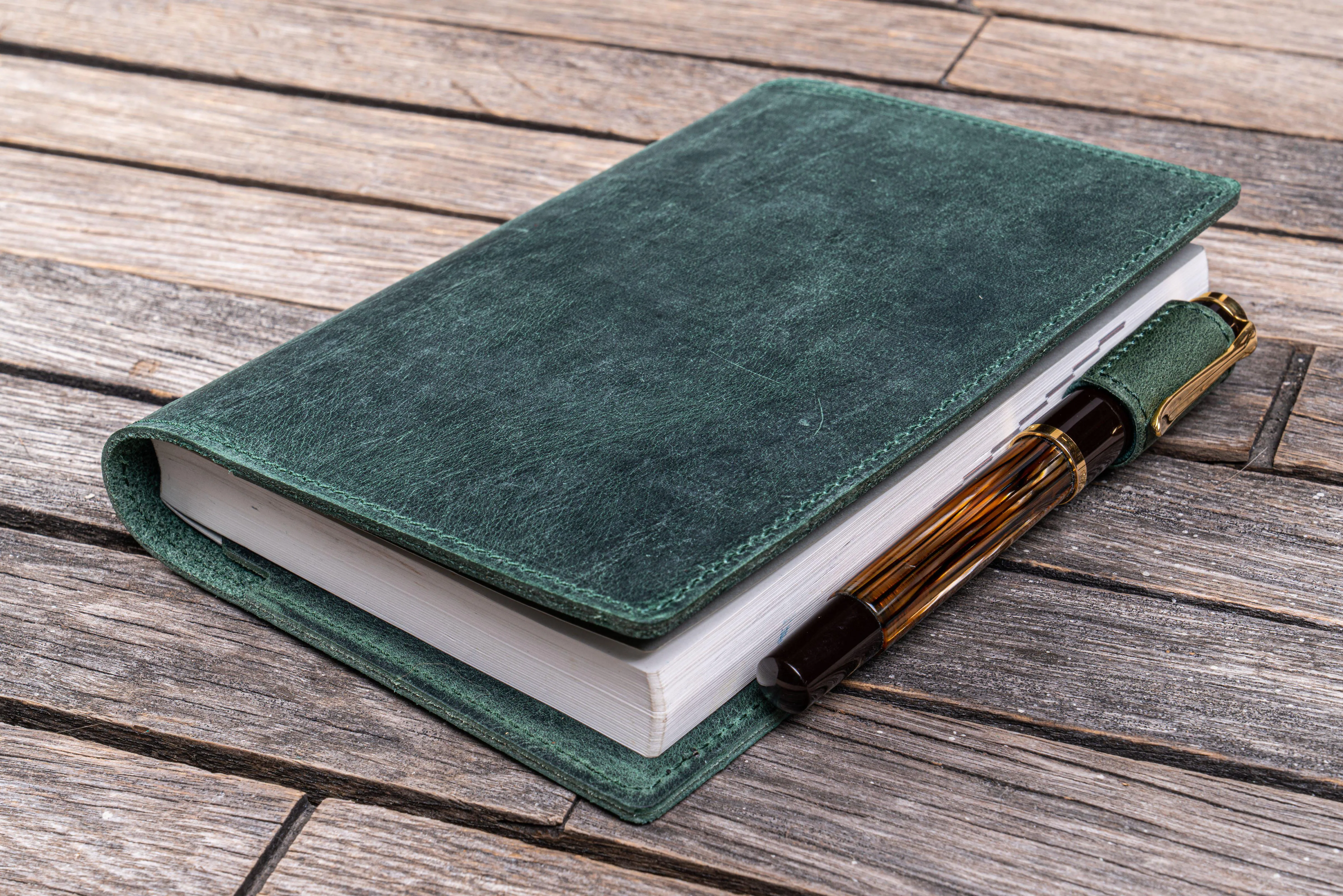 Leather Slim A6 Notebook / Planner Cover - Crazy Horse Forest Green