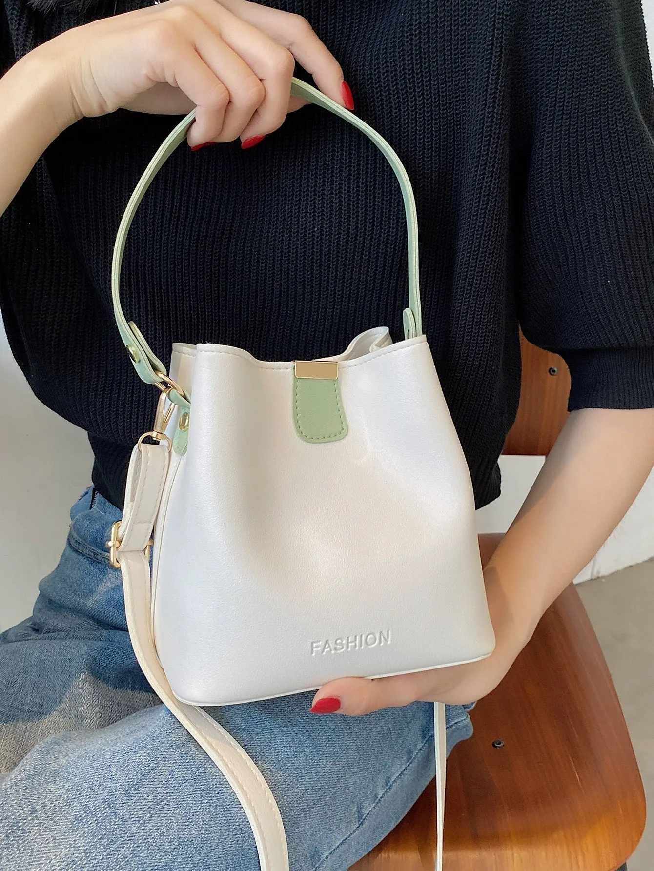 Letter Embossed Two Tone Shoulder Bag