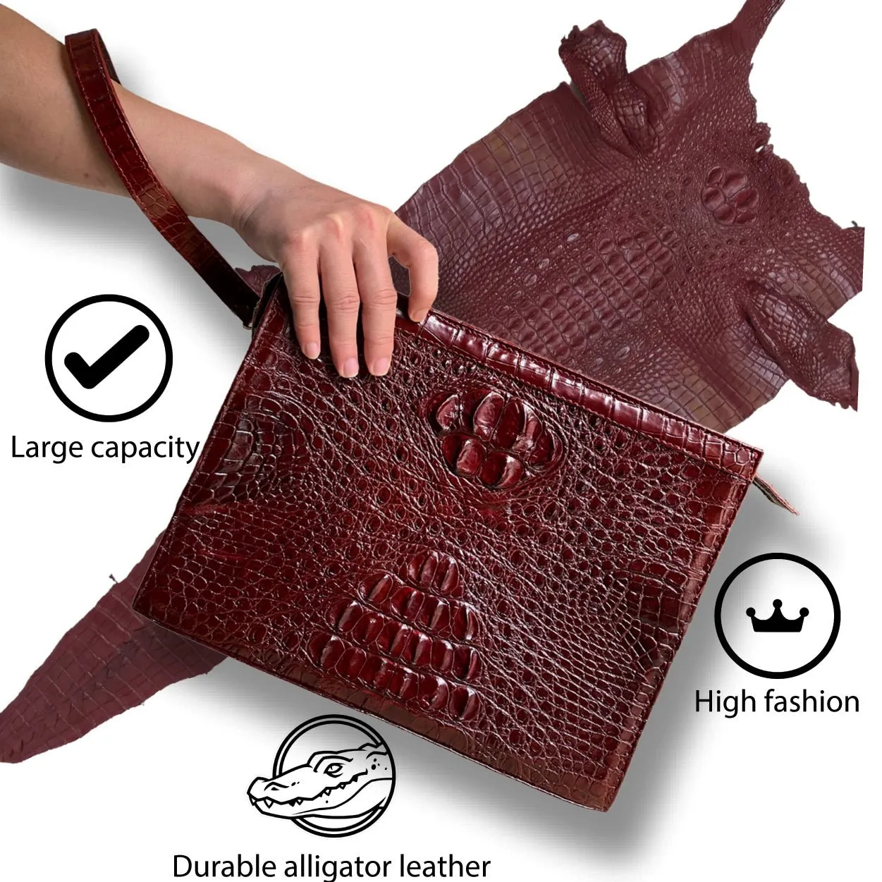 Light Brown Alligator Mens Big Wristlet Clutch Purse Business Bag Premium Crocodile Handbag RFID Blocking CLUT06