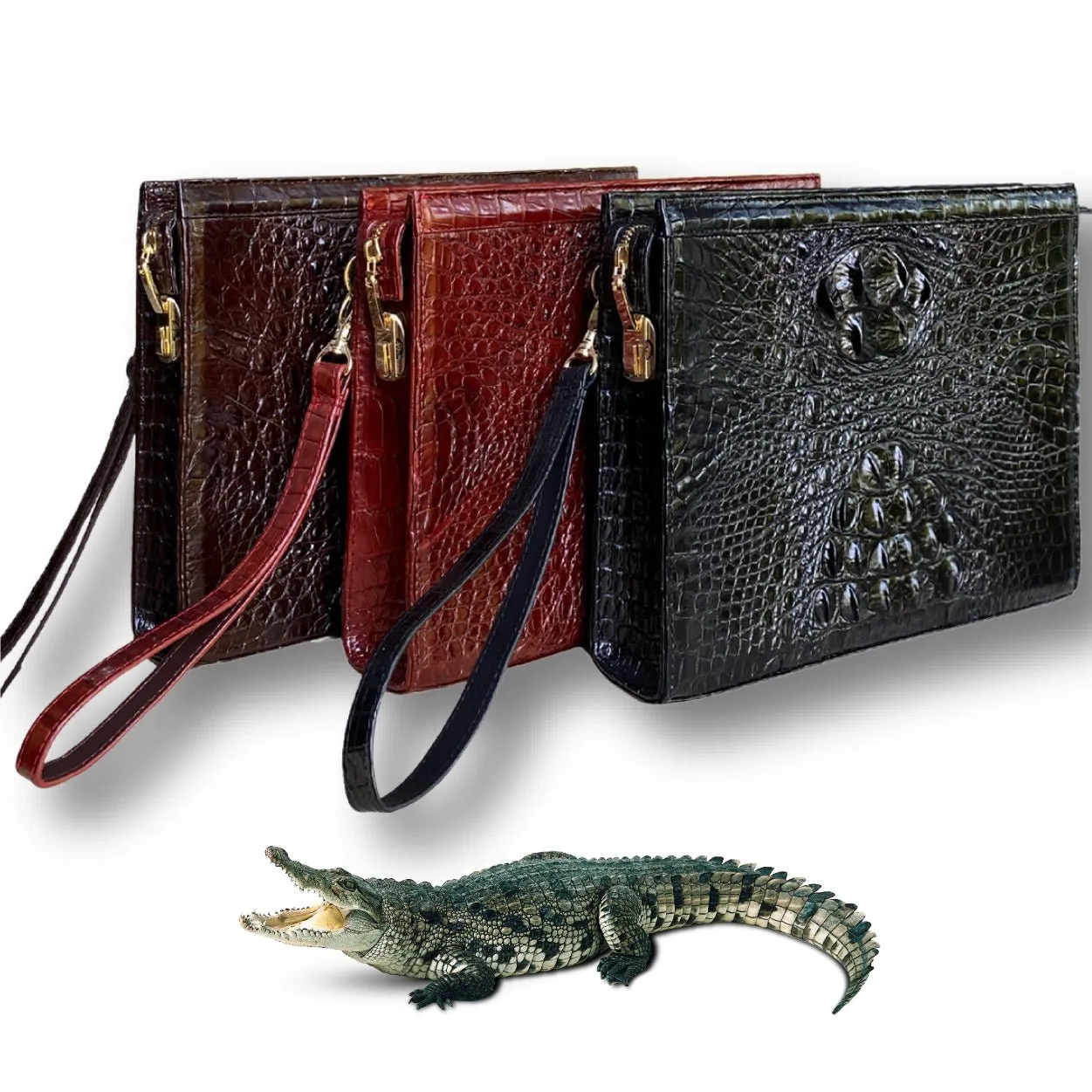 Light Brown Alligator Mens Big Wristlet Clutch Purse Business Bag Premium Crocodile Handbag RFID Blocking CLUT06