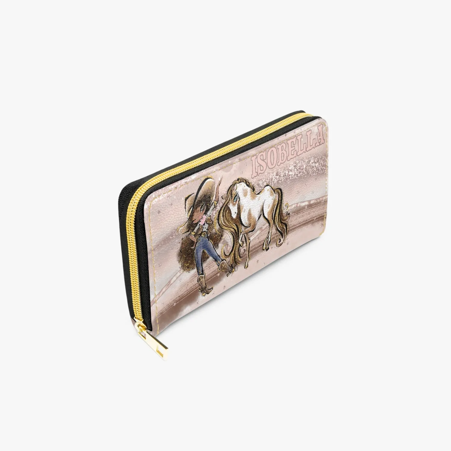 Long Type Zipper Purse, Howdy Cowgirl & Horse, Brunette Hair Olive Skin Brown Eyes