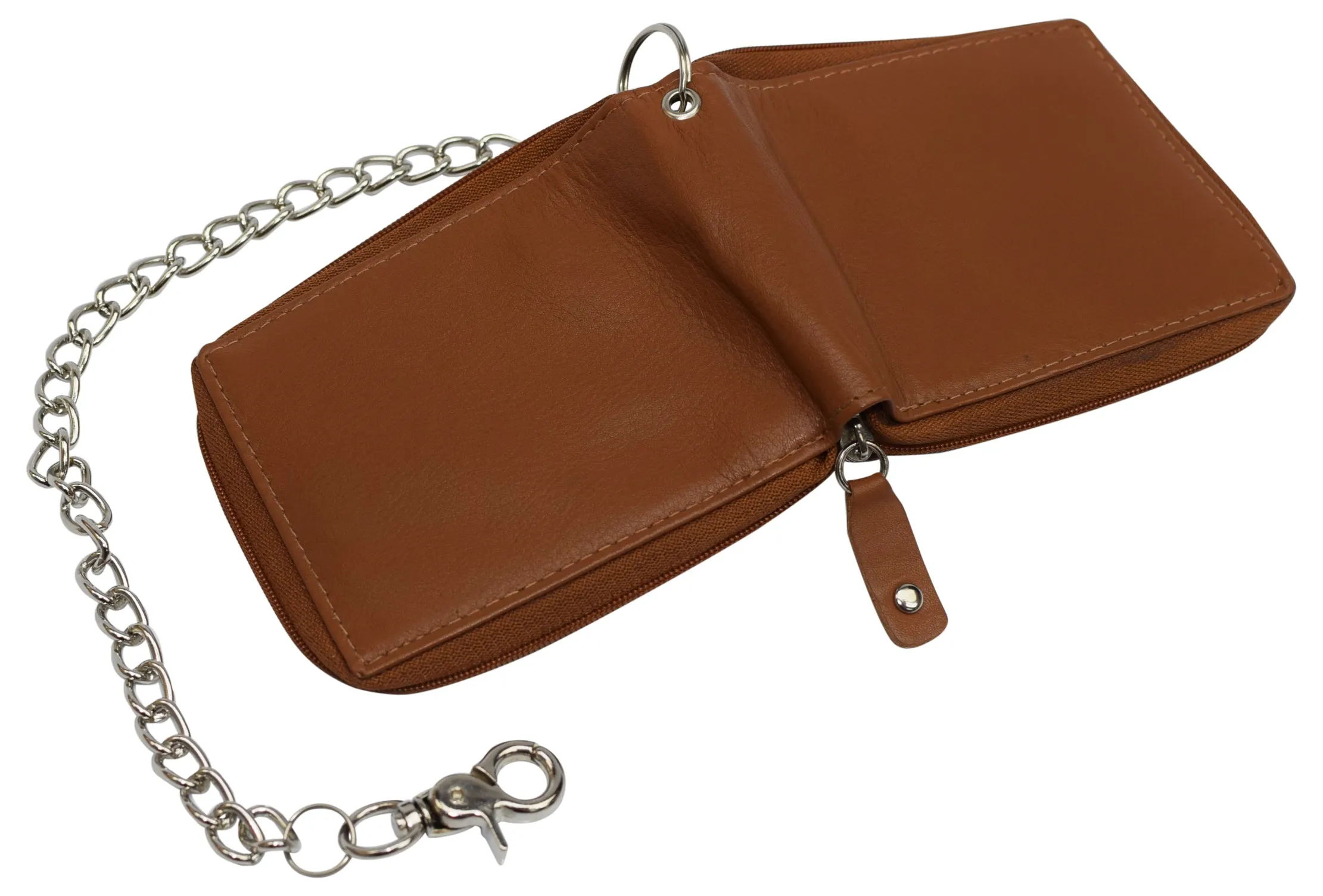 Men Biker Trucker Cow Leather Zip around Bi-fold RFID Chain Wallet Western Style Khaki/Tan Chain Wallet