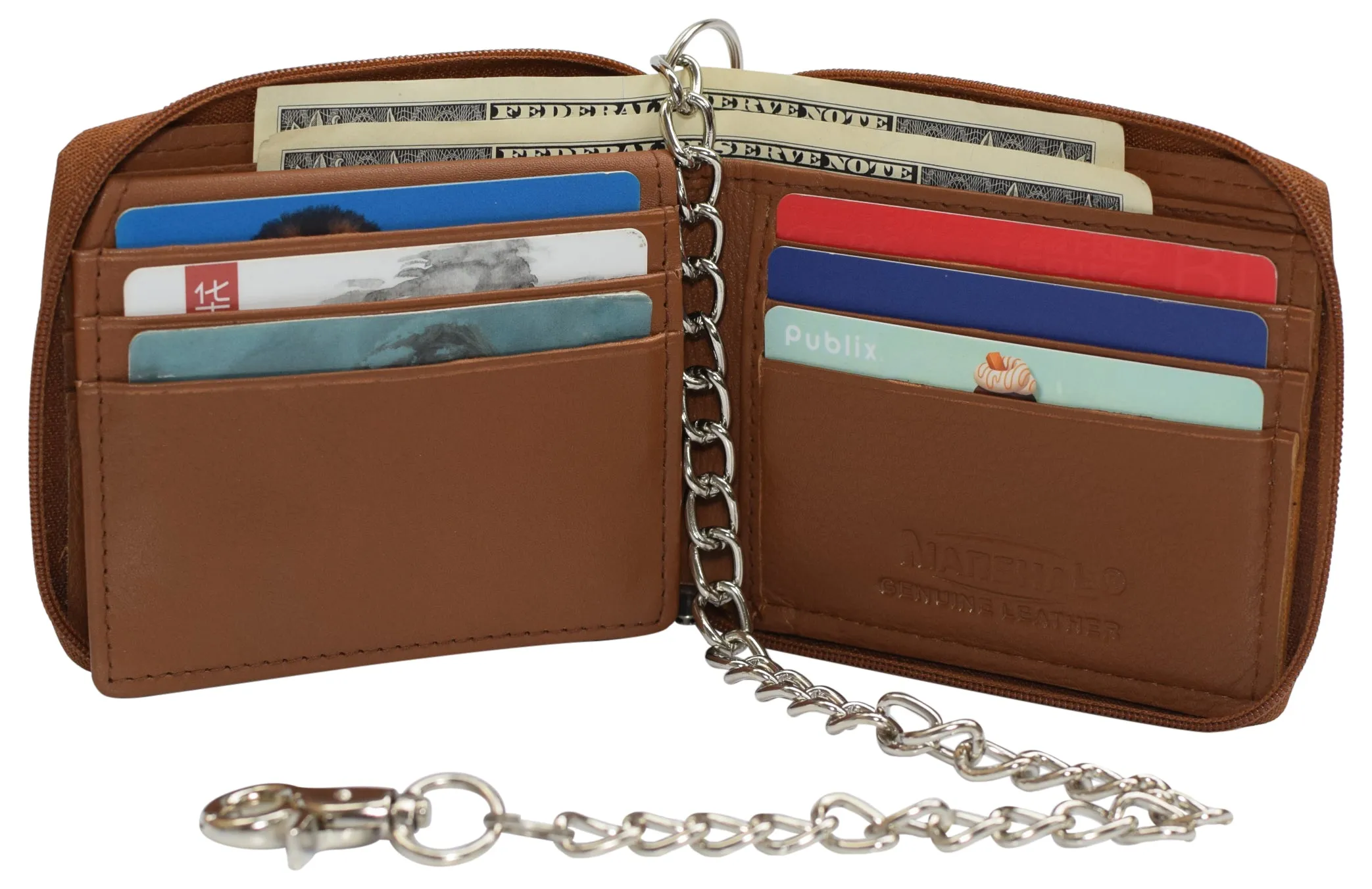 Men Biker Trucker Cow Leather Zip around Bi-fold RFID Chain Wallet Western Style Khaki/Tan Chain Wallet