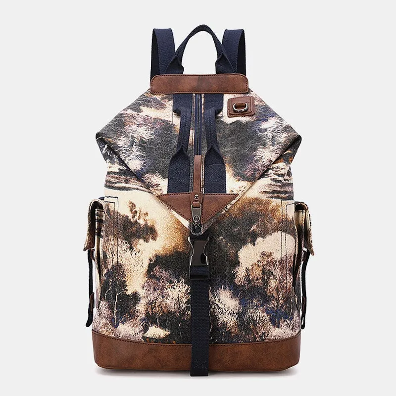 Men Canvas Geometry Letter Printed Pattern Multi-pocket Backpack 15.6 Inch Laptop Bag Travel