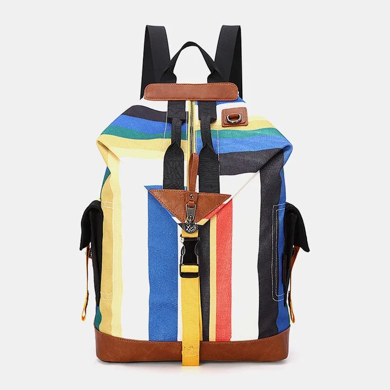 Men Canvas Geometry Letter Printed Pattern Multi-pocket Backpack 15.6 Inch Laptop Bag Travel