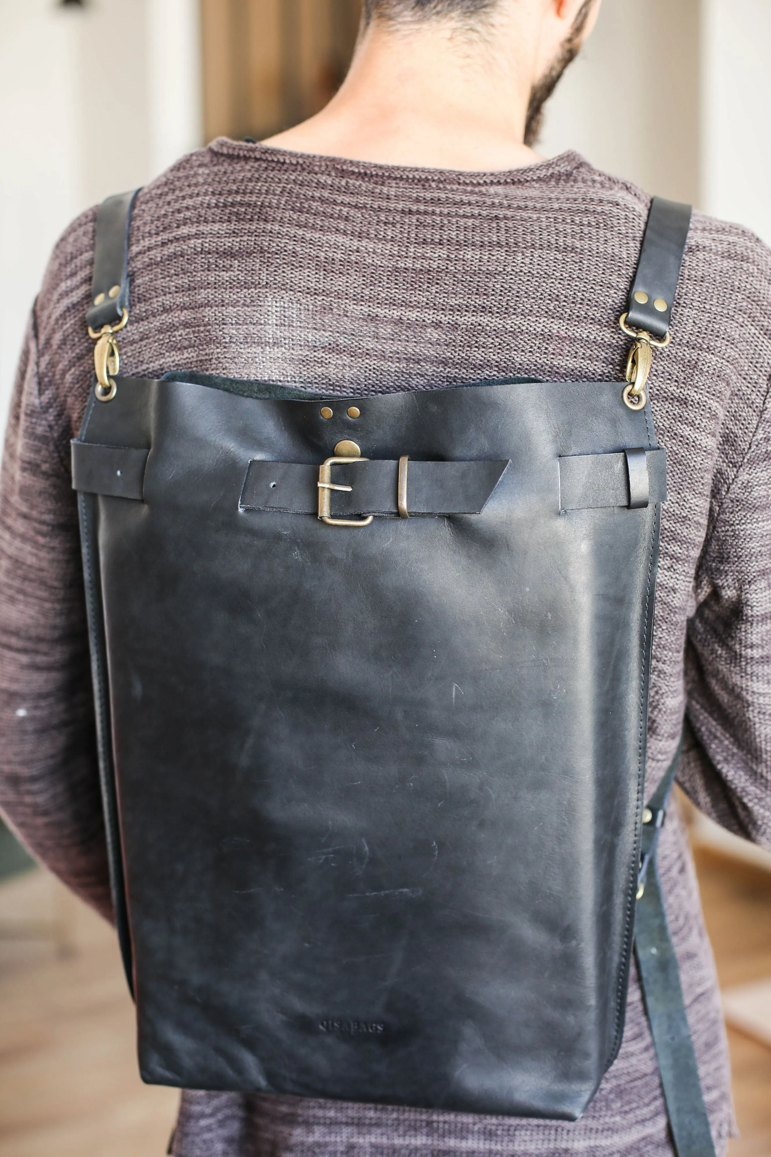 Men's Black Leather Backpack