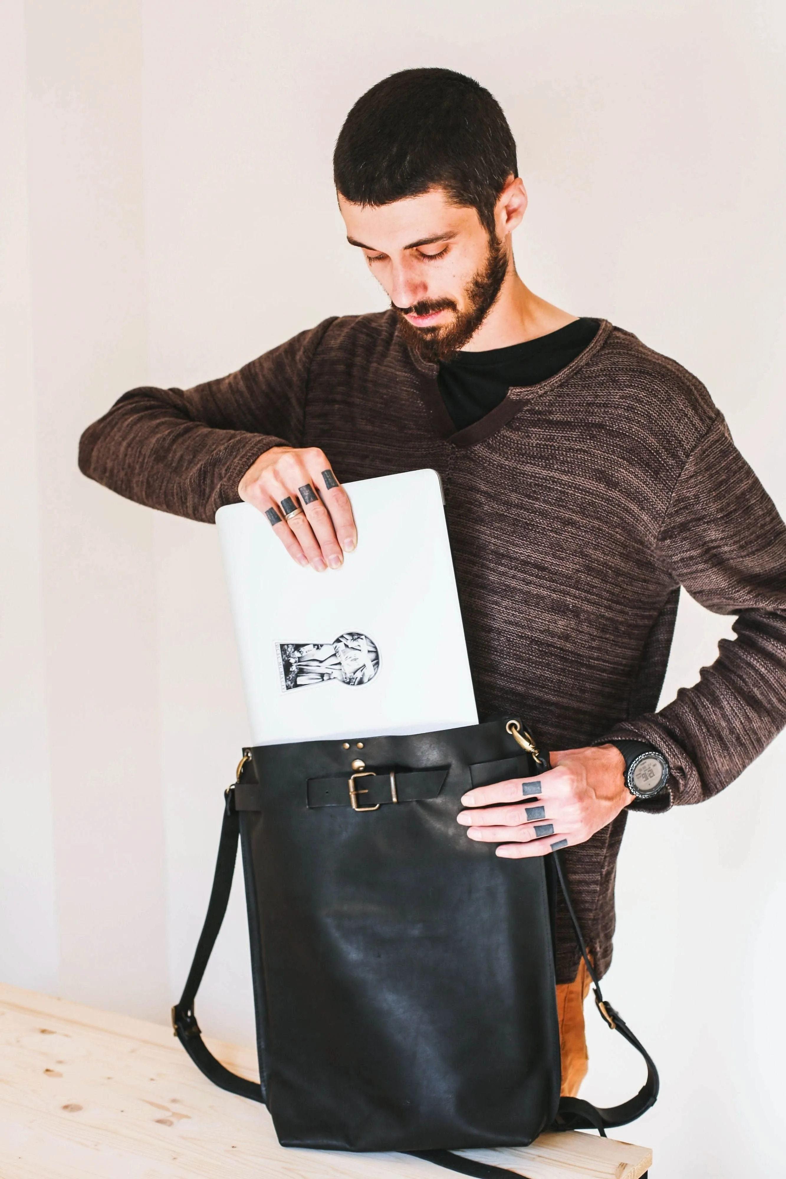 Men's Black Leather Backpack