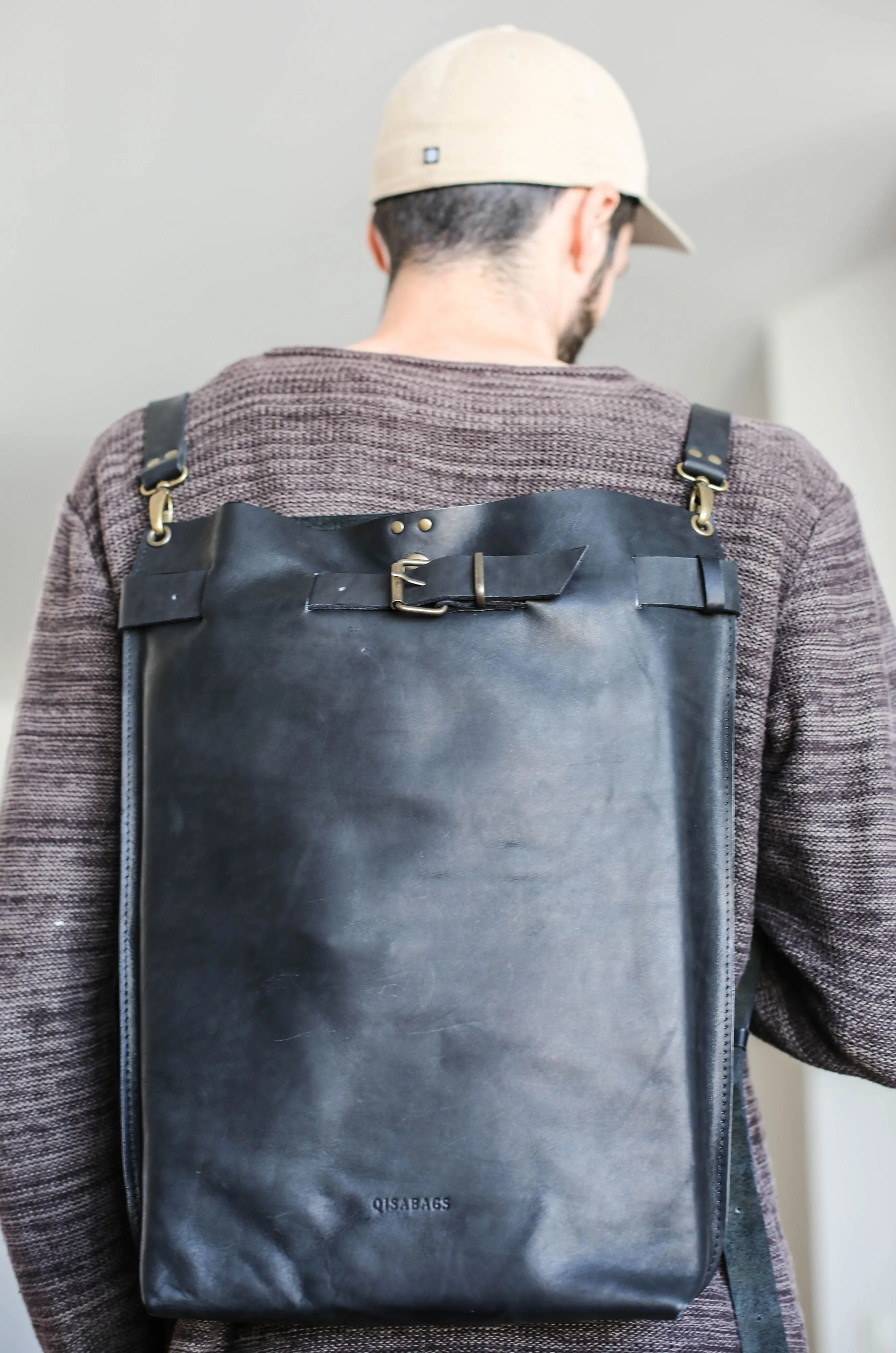 Men's Black Leather Backpack