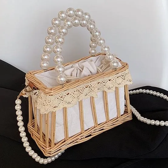 Minimalist Faux Pearl Decor Straw Bag - Women Satchels By APT