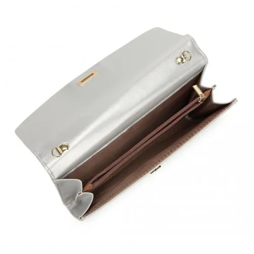 Miss Lulu Elegant Flap Clutch Leather Chain Evening Bag - Silver | Sophisticated & Stylish Handbag