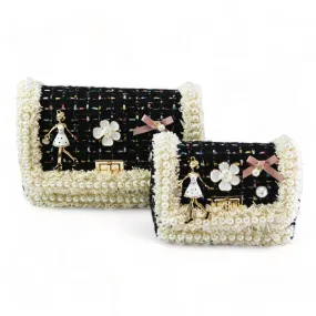 *Mom & Me* Lady & Pearl Trim Tweed Purse - Black