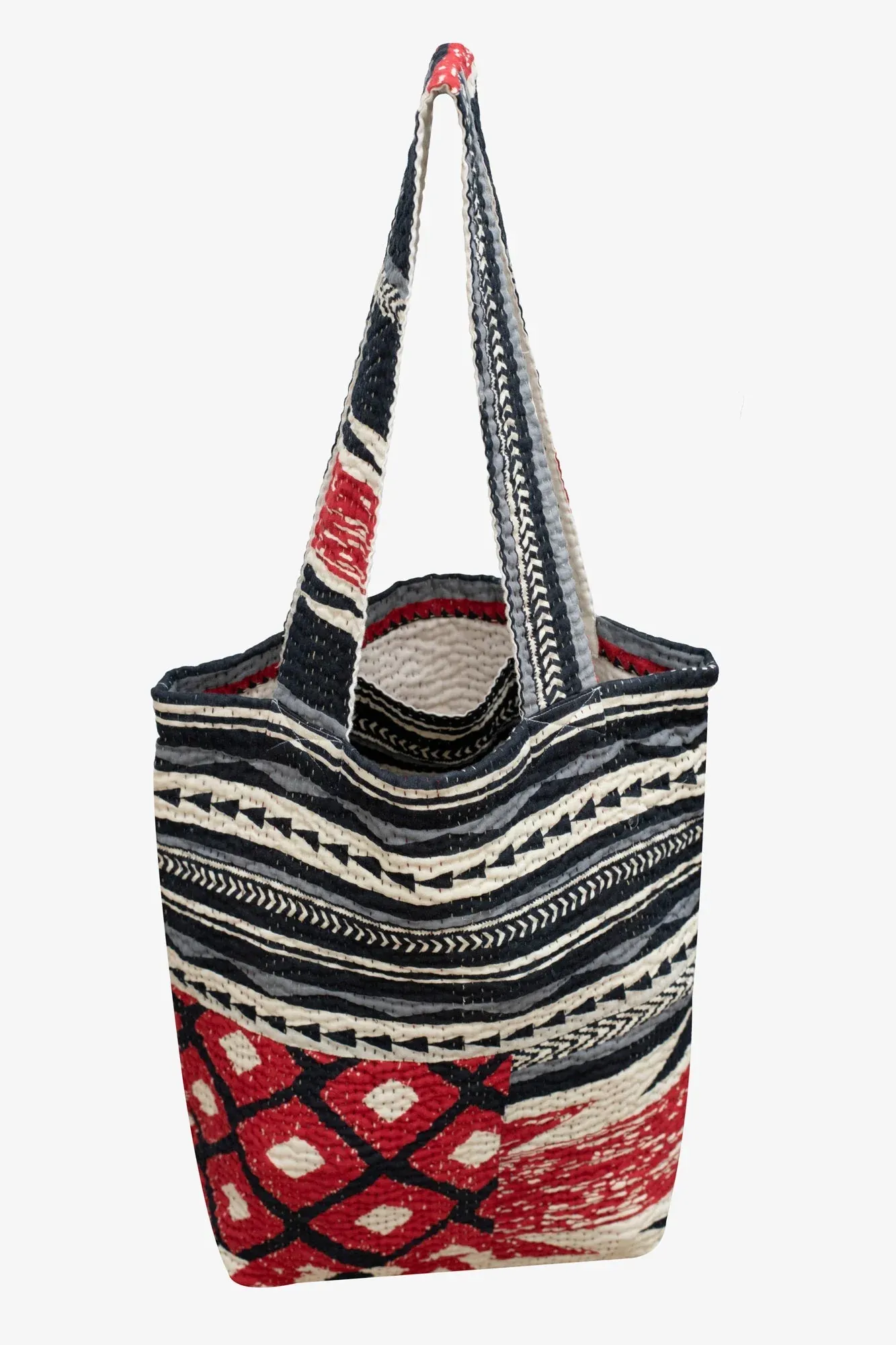 Monotone Ikat Handmade Vintage Kantha Tote Bag -Red -